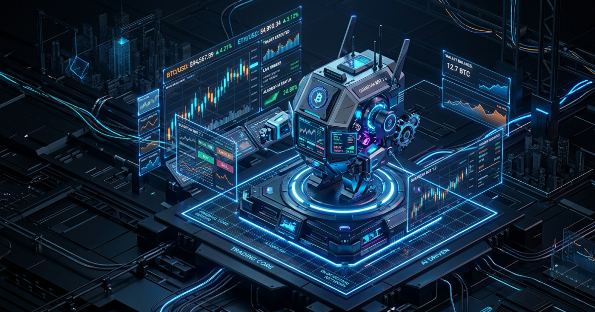 Firefly_Gemini Flash_futuristic crypto trading robot dark fintech interface, blue electric accent lights, 484121